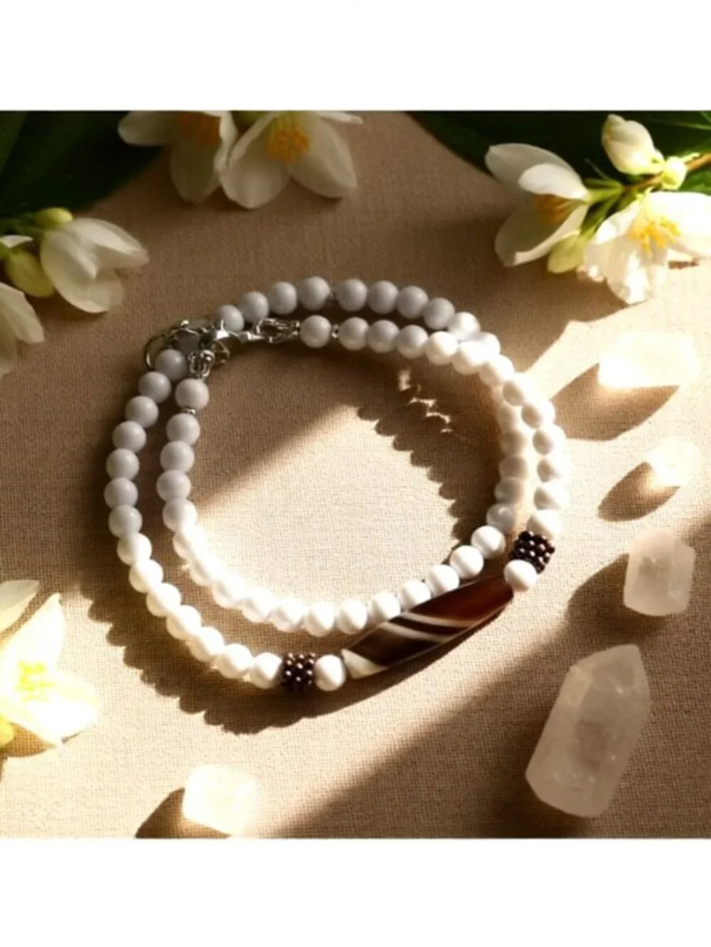 Dainty Slimline Wrap Bracelet – Brown Banded Agate & White Ceramic Beads (7